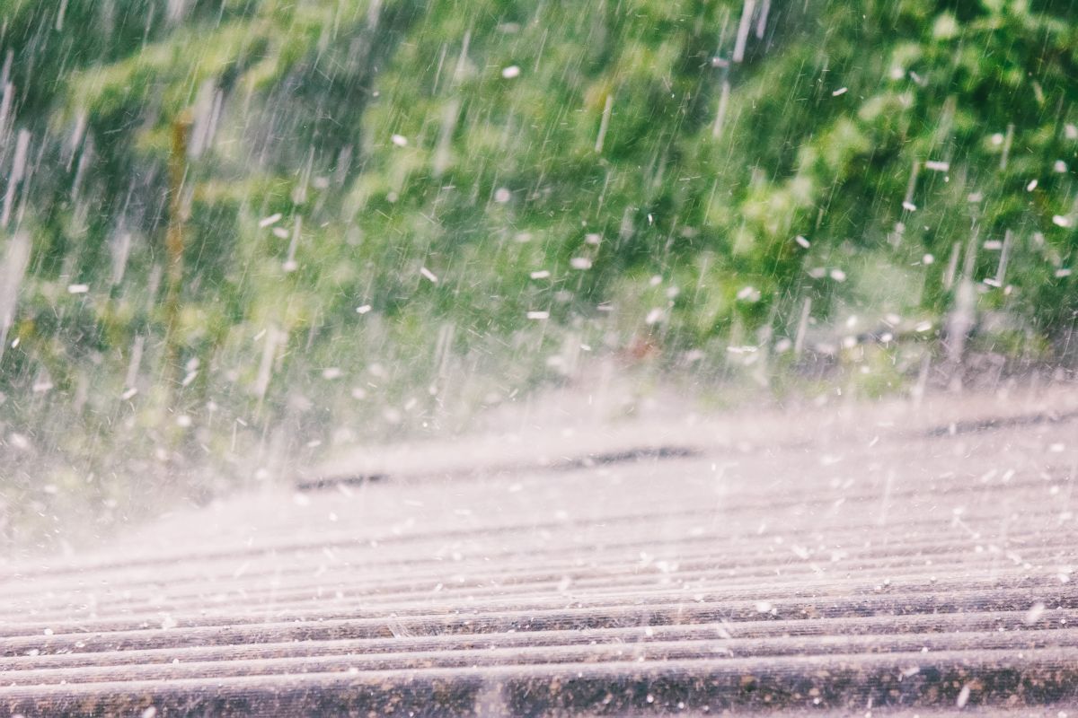 rain and hail on a metal roof